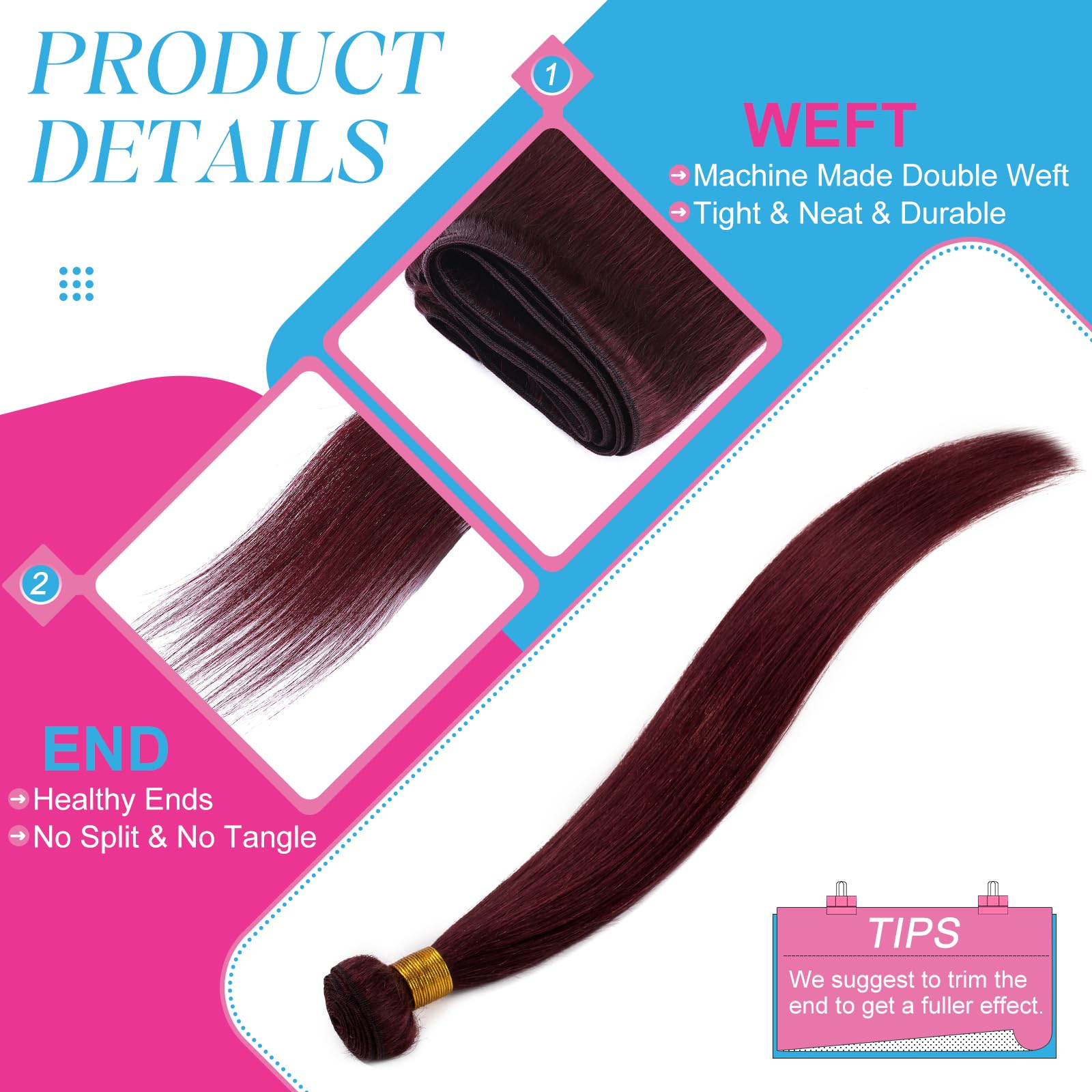 Elailite Hair Bundles Weave Real Human Hair Extensions Straight 1 Bundle 100g - #99J Red Wine - 16 Inch, #99J Wine Red - Image 3