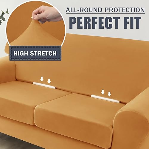 Miniatura 4 de Fundas de sofá de terciopelo suave, funda elástica para sofá de 3 cojines, protector de muebles grueso, dorado, grande