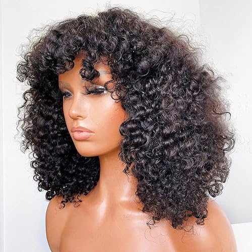 Miniatura 4 de Peluca de cabello humano rizado rizado con flequillo completo hecho a máquina cuero cabelludo peluca superior 200 densidad Remy peruano pelucas