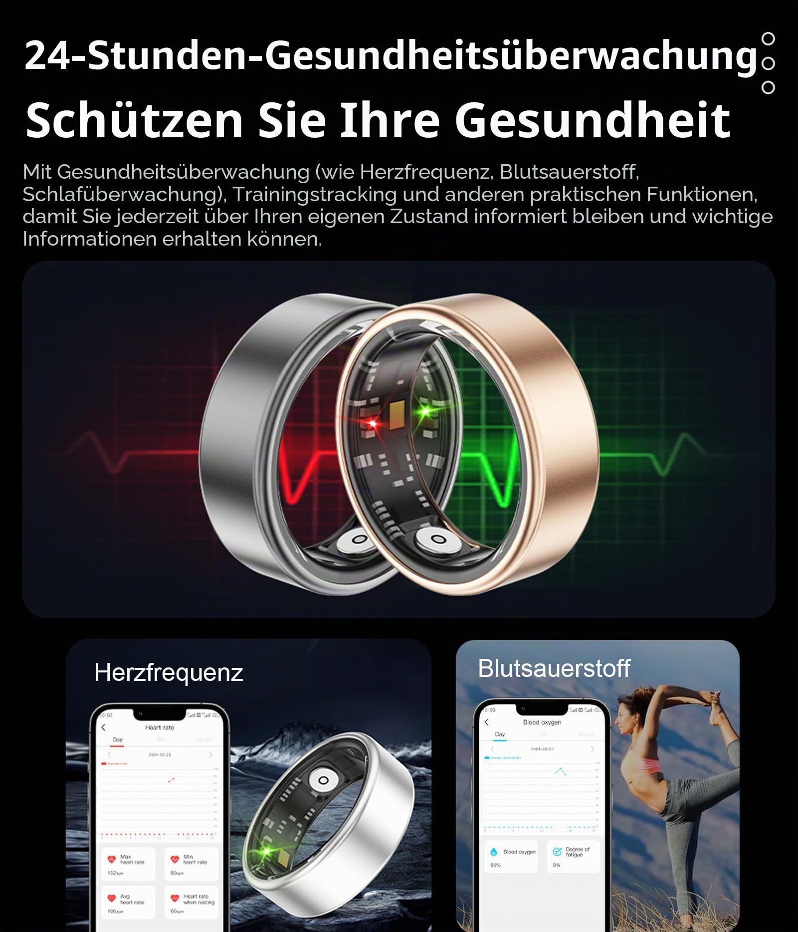 Smart Ring Fitness Ring Tracker Smartringe für Herren Damen Schrittzähler Aktivitätstracker 5ATM Wasserdicht Schlaftracker Smartring Herzfrequenz Pulsmessser Fitnesstracker Android iOS Größe 8