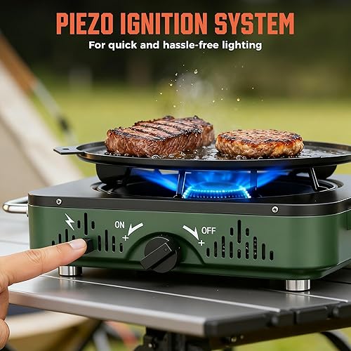 Miniatura 5 de BIG HORN OUTDOORS Estufa de campamento de propano de 2 quemadores, estufa de campamento portátil, estufa de gas plegable, incluye sartén y bolsa de