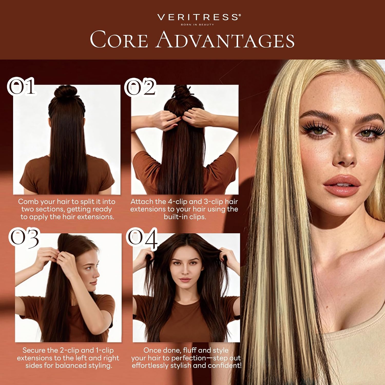 Clip in Hair Extensions Real Human Hair, 20Inch 120g Remy Human Double Weft Hair Extension Clip Ins for Women, Silky Straight Hair to Add Volume,7 Pcs,4/27/4 Balayage Chocolate Brown to Caramel Blonde