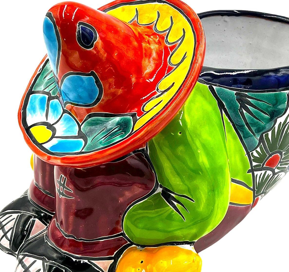 Cactus Canyon Ceramics Sleeping Man - Ranchero Canasta GDE Mexican Talavera Planter Pot (11" D x 9" W x 8.5" H) Hand Painted - Variable Color Trim - Mexican Decor Planter