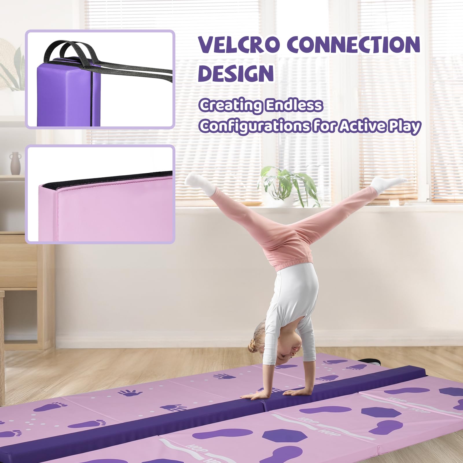 Kangaroo Hoppers Gymnastics Tumbling Mat with Balance Beam - Kids Folding Tumble Mat for Endless Play & Skill-Building, Perfect for Home Gym, Playroom and Backyard Activities, Purple & Pink