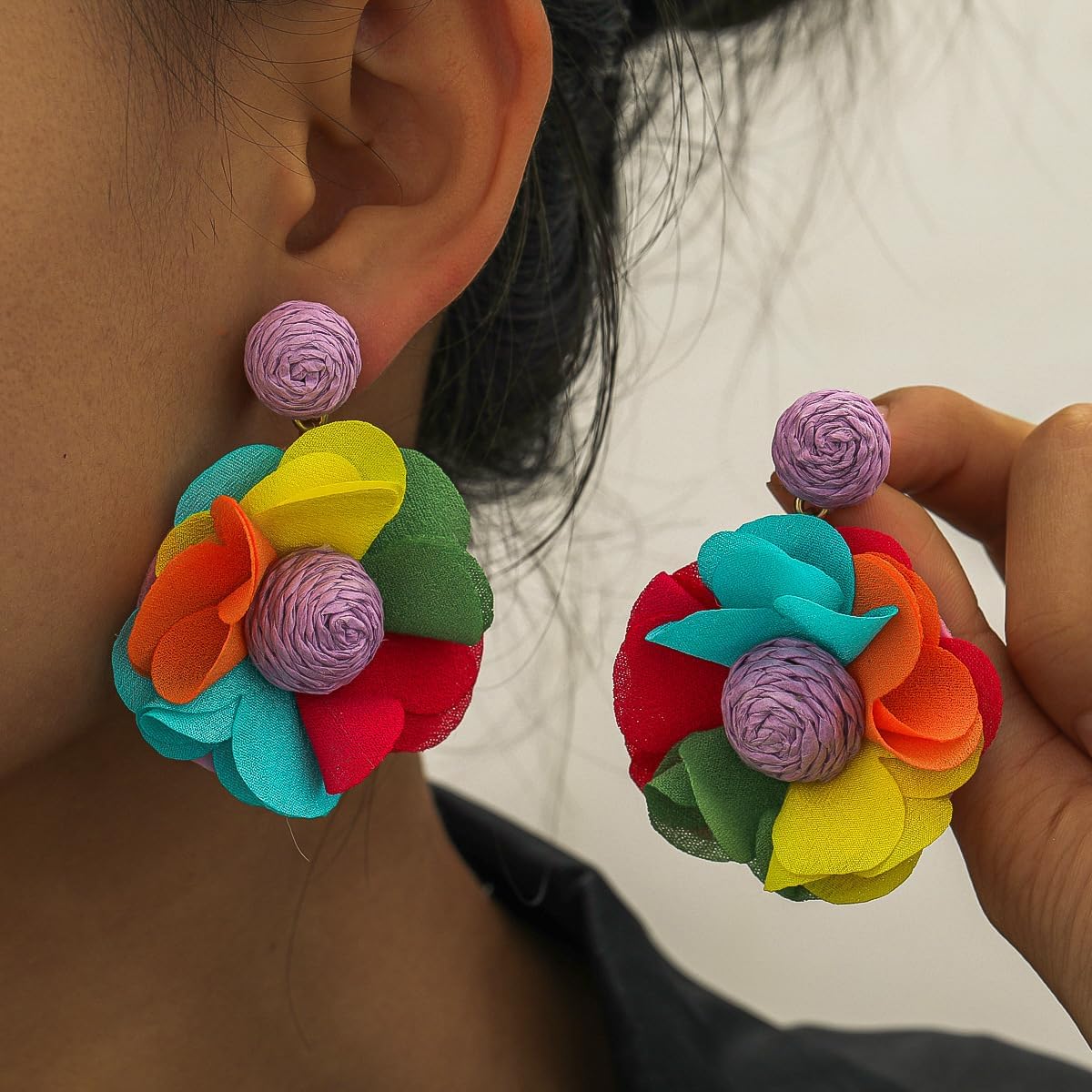 Flower Drop Earrings for Women Long Fabric Floral Dangle Earrings Bohemian Exaggerated Statement Flowers Earring Summer Fashion Jewelry - Image 2