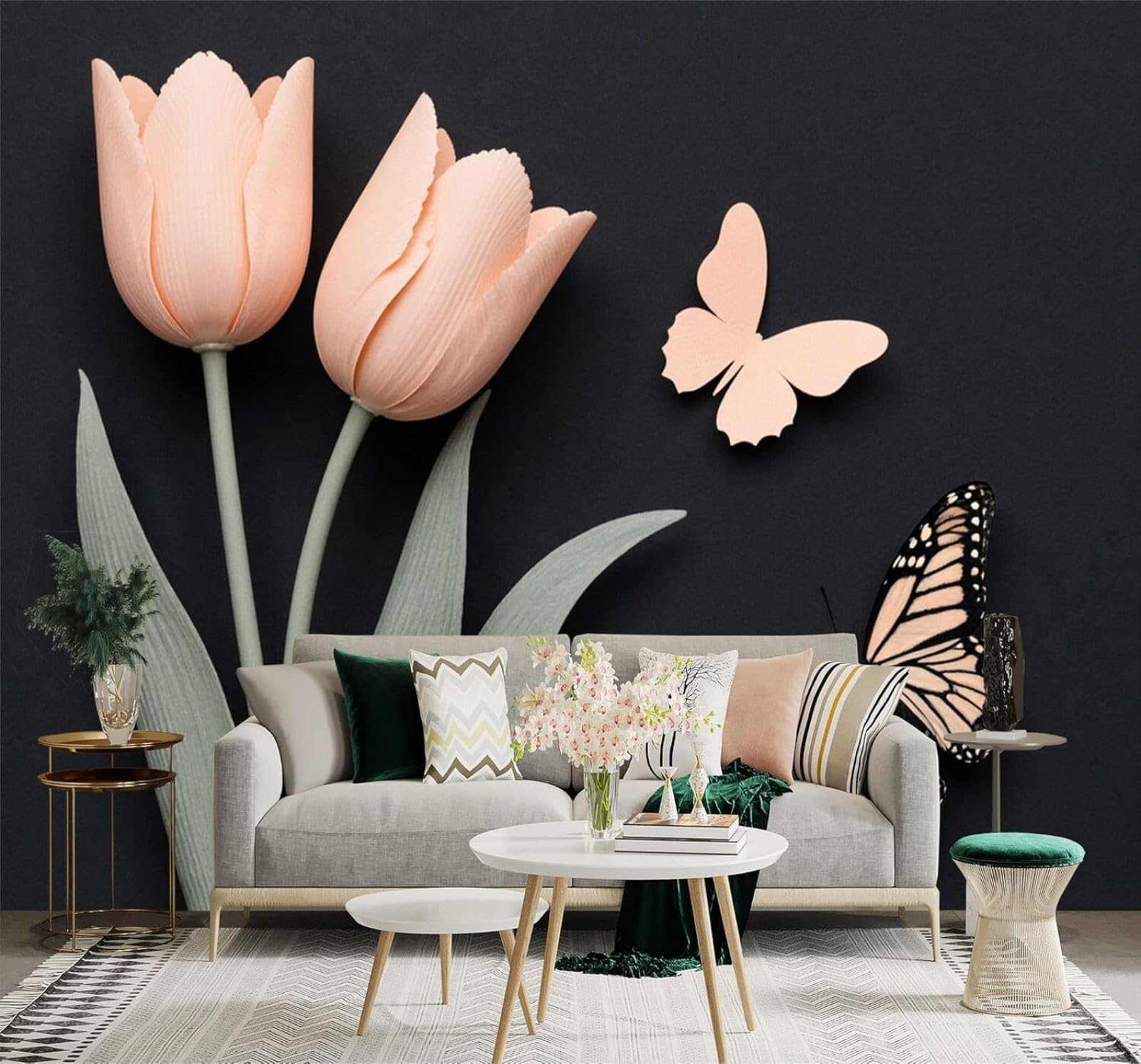 XLMING Three Dimensional Pink Tulips Butterflies Elegant Flowers Art 3D Wallpaper Silky Texture Home Study Office Grey Dining Room Sofa Bedroom Living Room TV Backdrop-300cm×210cm