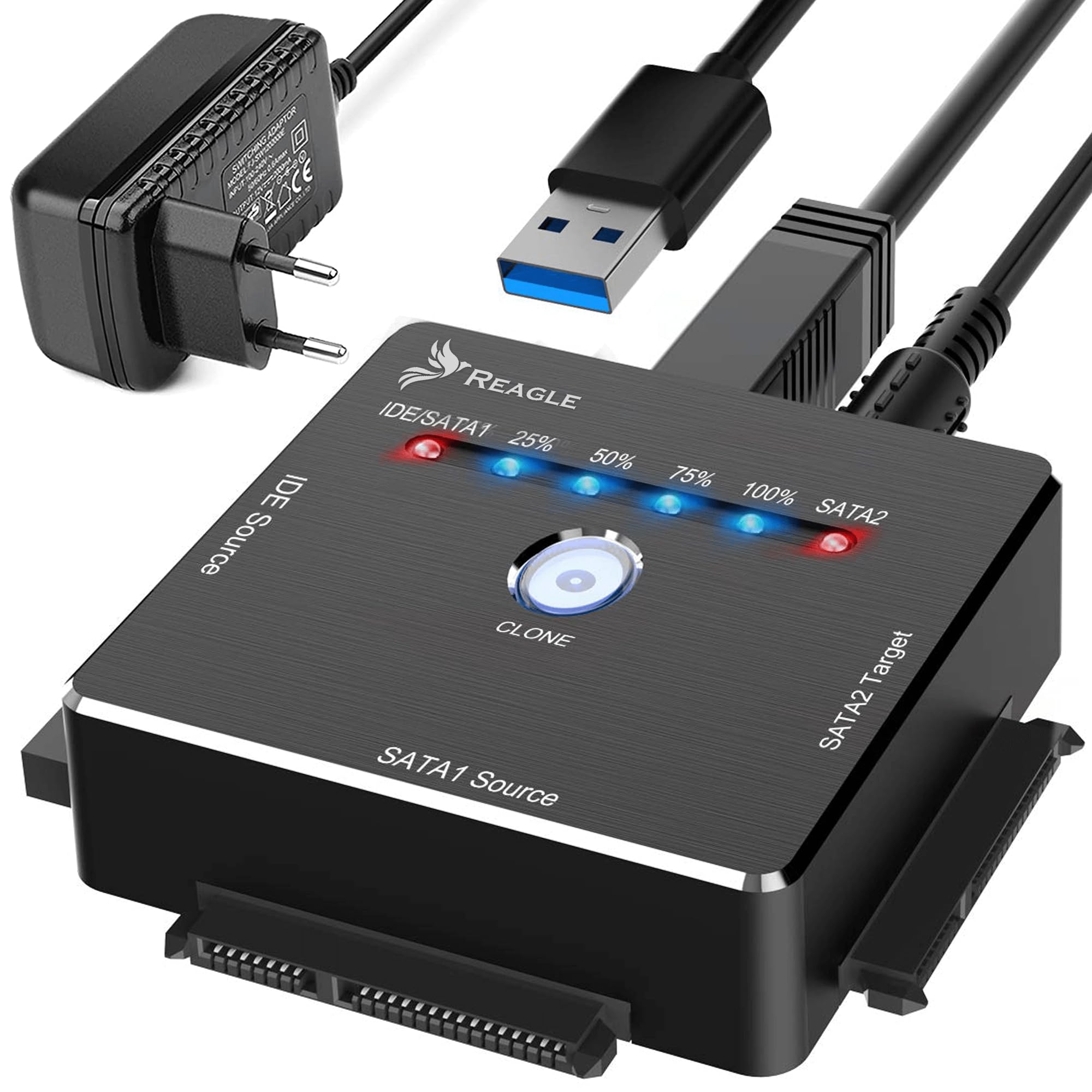 Reagle Adaptador USB SATA IDE con Función de Clonación Offline, Convertidor HDD SSD hasta 16TB, USB 3.2 Gen 1 5Gb/s, para Discos 2,5 y 3,5 Pulgadas SATA I/II/III IDE, Lectores CD DVD, Windows Mac