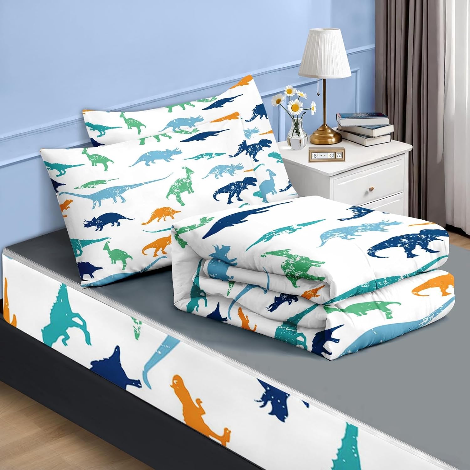 Nesker Twin Zipper Bedding, Printed Dinosaur Zipper Bedding Sets for Boys, 3pcs All in on one, Cute Dino Kids Comforter Set with Fitted Sheet and 2 Pillowcases - Image 2