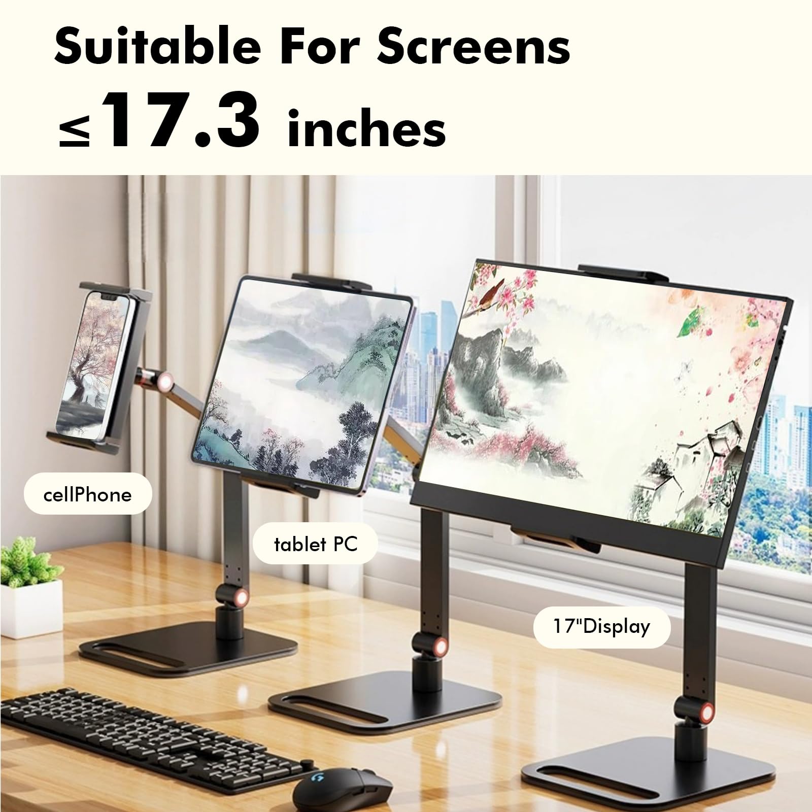 Leikurvo Supporto per monitor per tablet da 6 a 17,3 pollici, supporto da tavolo regolabile a 360°, regolabile in altezza, portatile, per tablet e telefoni cellulari, girevole, pieghevole, inclinabile