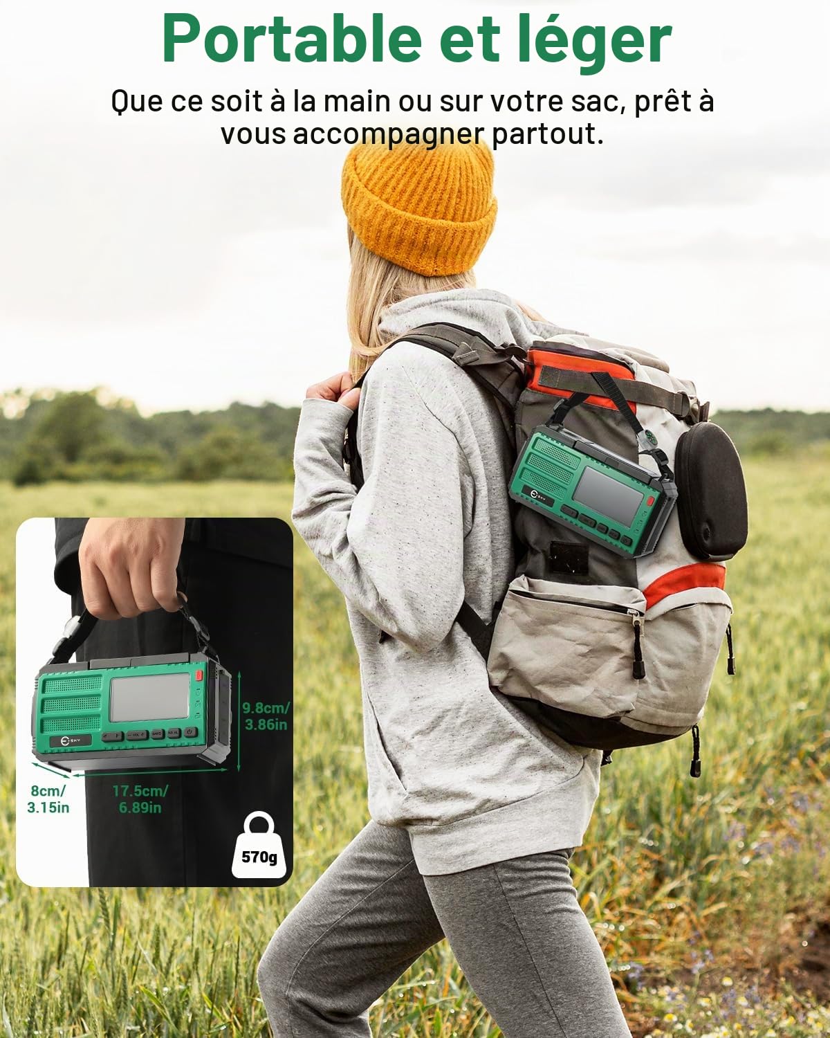 Esky 10000mAh Radio Portable d'urgence, AM/FM/NOAA Radio à Manivelle 3 Méthodes de Recharge Radio Solaire avec Boussole,Lampe de Poch,Lampe de Lecture,Alarme SOS pour Camping en Plein Air Randonnée