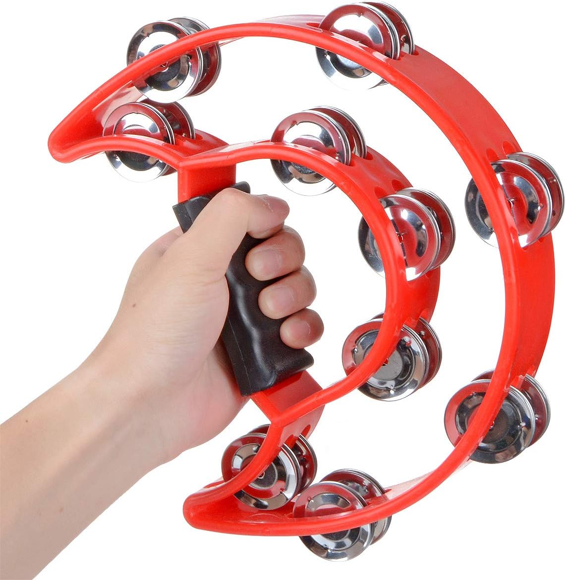 Half Moon Musical Tambourine Double Row Metal Jingles Hand Held Percussion Drum Multicolor for KTV Party with Ergonomic Handle Grip (Red) image 2