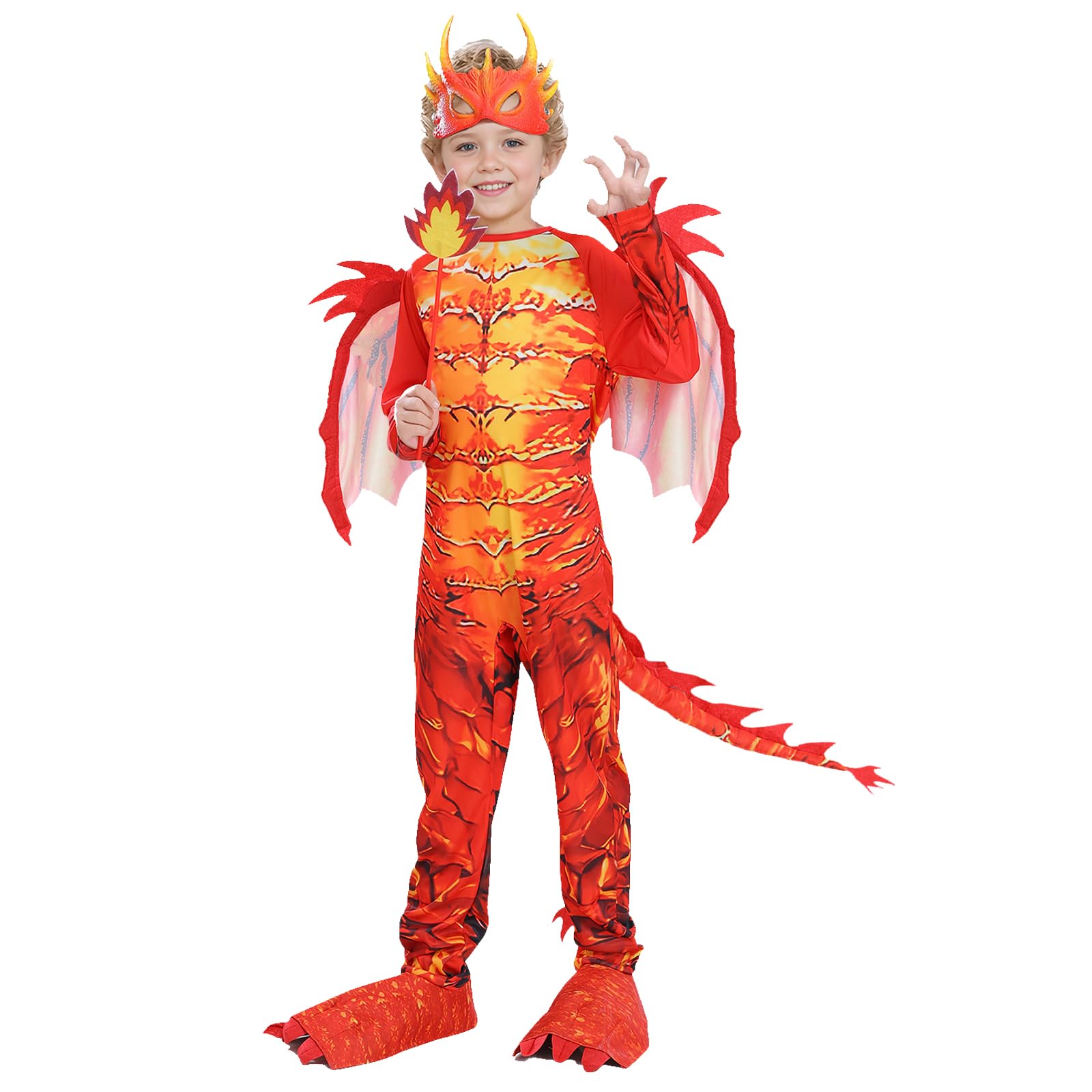 Kind Jungen Drachenkostüm, 110/120/130 Kostüm Drache Kinder, Drachenflügel, Maske, Drachen Jumpsuits, Weihnachten Party Halloween Carnival Cosplay Kostüm für 4 5 6 7 8 Jahre Kinder