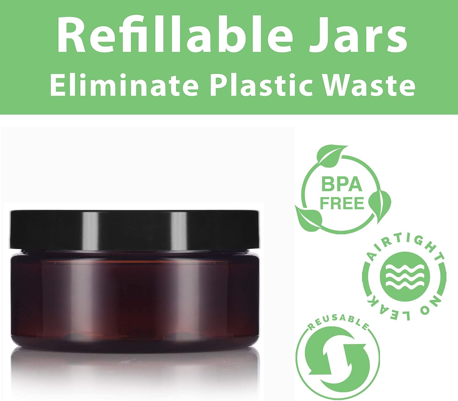8 oz Amber PET Plastic Refillable Low Profile Jar Black Smooth Lid (12 pack)