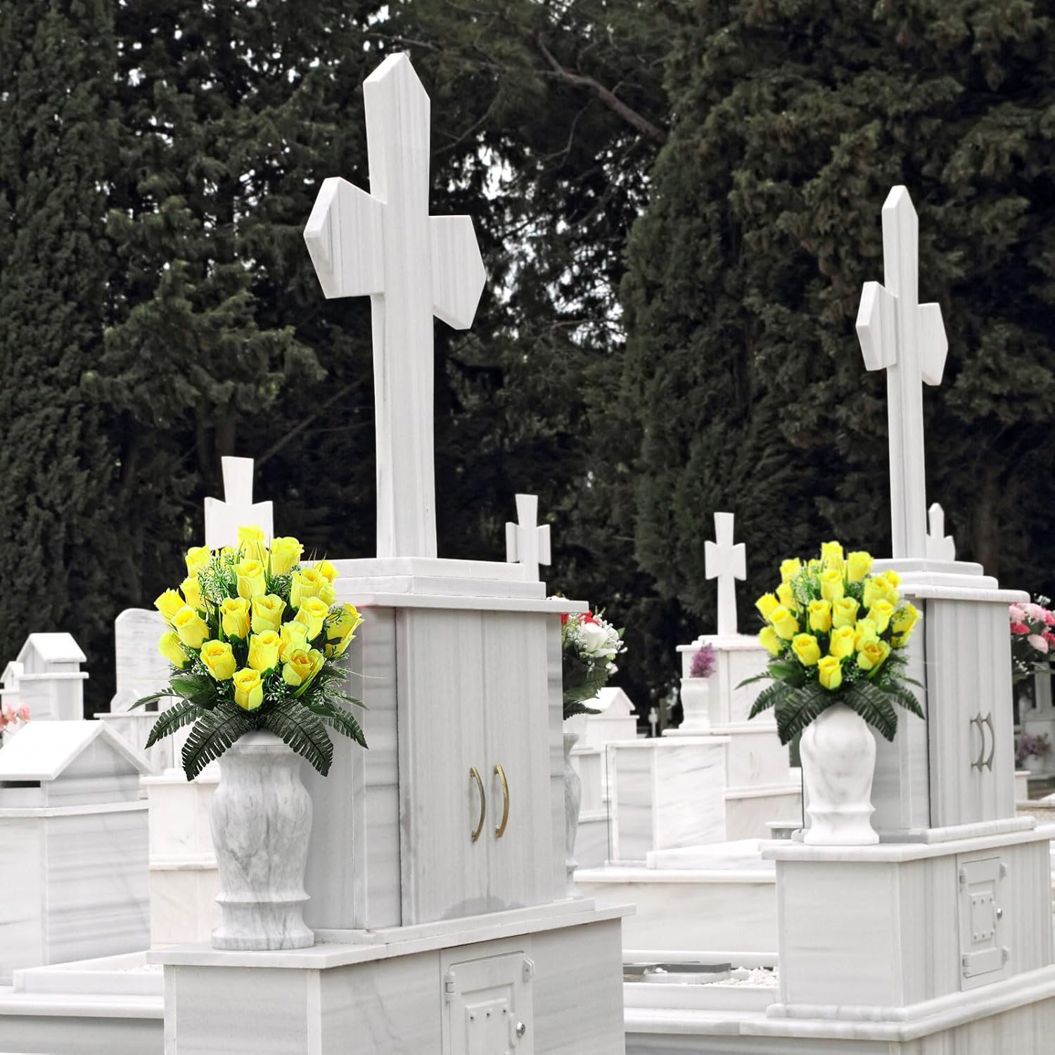 XunYee 2 Pack Memorial Day Cemetery Flowers with Grave Vase 48 Heads Artificial Memorial Flower Bouquet Silk Rose Spring Floral Arrangement for Gravesite Headstone Outdoor Decor(Yellow)