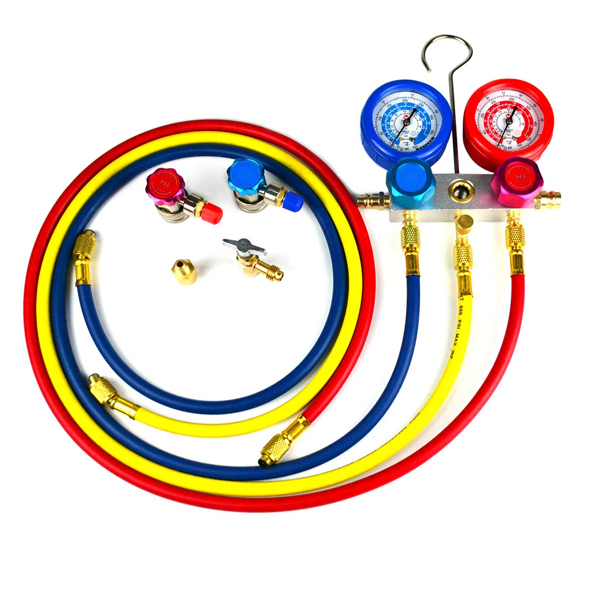 FavorCOOL HVAC Gauges, AC Manifold Gauge Set for R410a R134a R22 Refrigerant, Aluminum Body 3-Way AC Gauges R410a Manifold Set with 4FT Hoses Adjustable Couplers Adapter and Can Tap Freon Charge Kit
