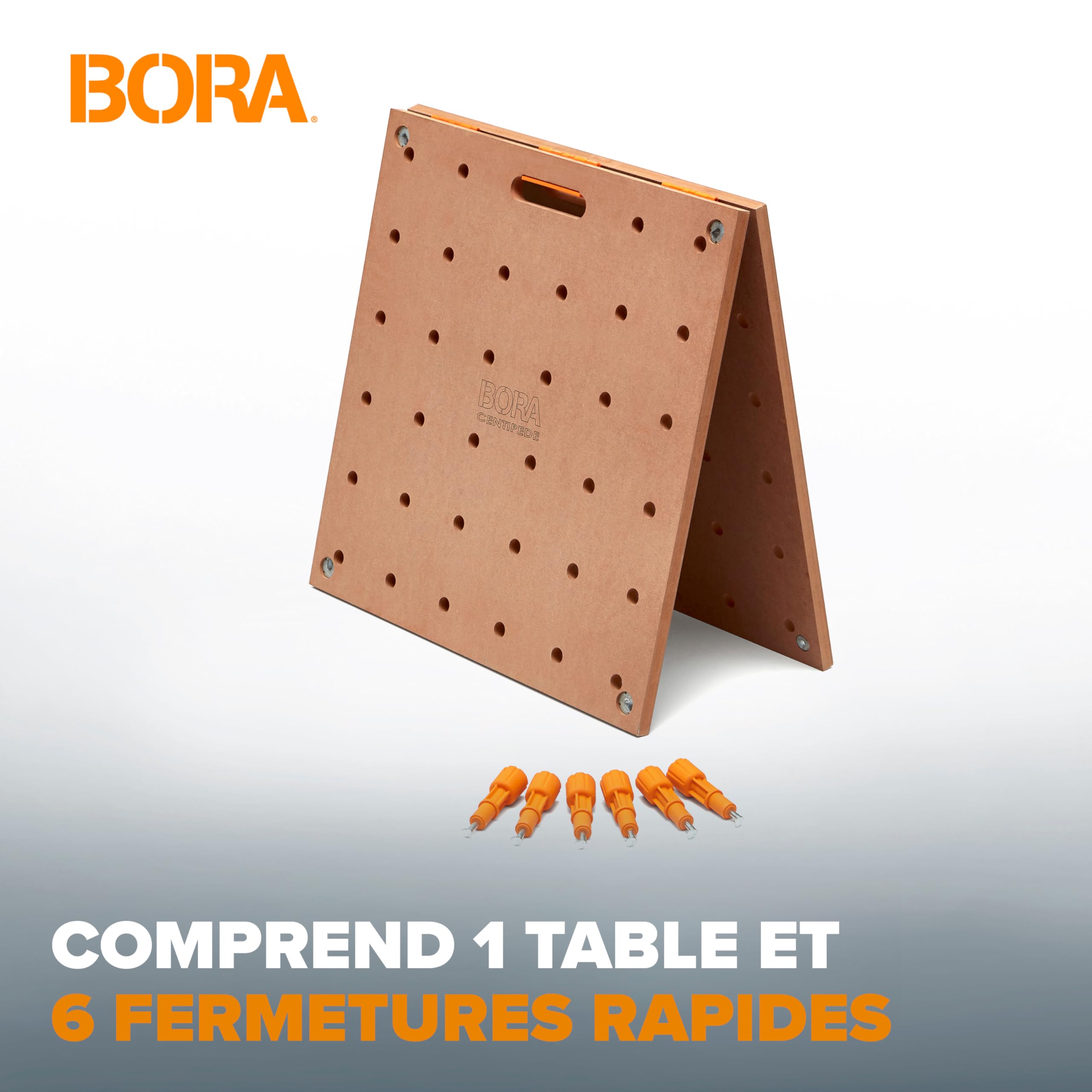 Bora Centipede CK22TM Établi pour Table de Travail Bora Centipede 61 x 121,9 cm avec Dessus en Bois avec Trous pour Chien de 20 mm + 6 poignées de Verrouillage à Rotation Rapide pour établi Portable