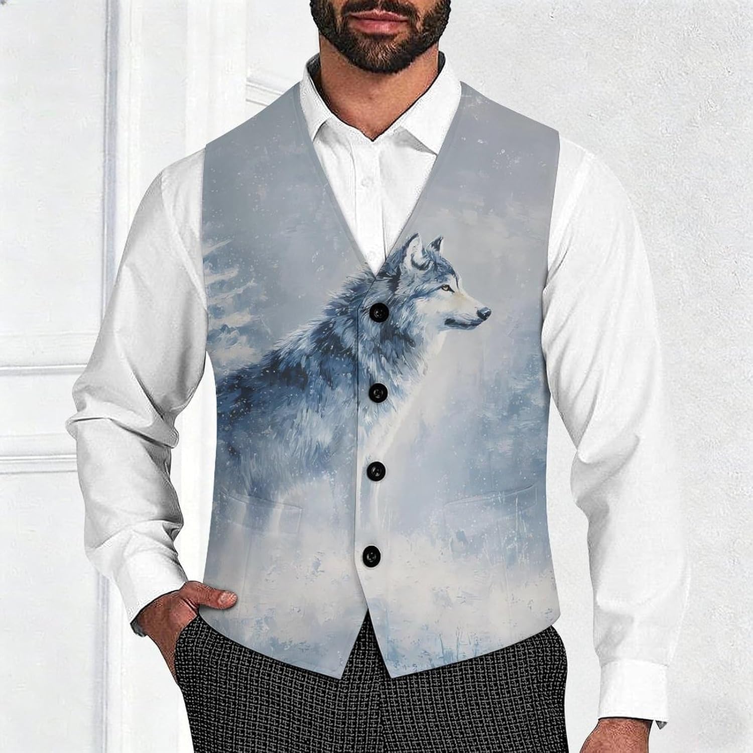 Wolf Snowy Snowstorm Fashion Suit Vest for Men Slim Fit Waistcoat Business Casual Dress Tuxedo