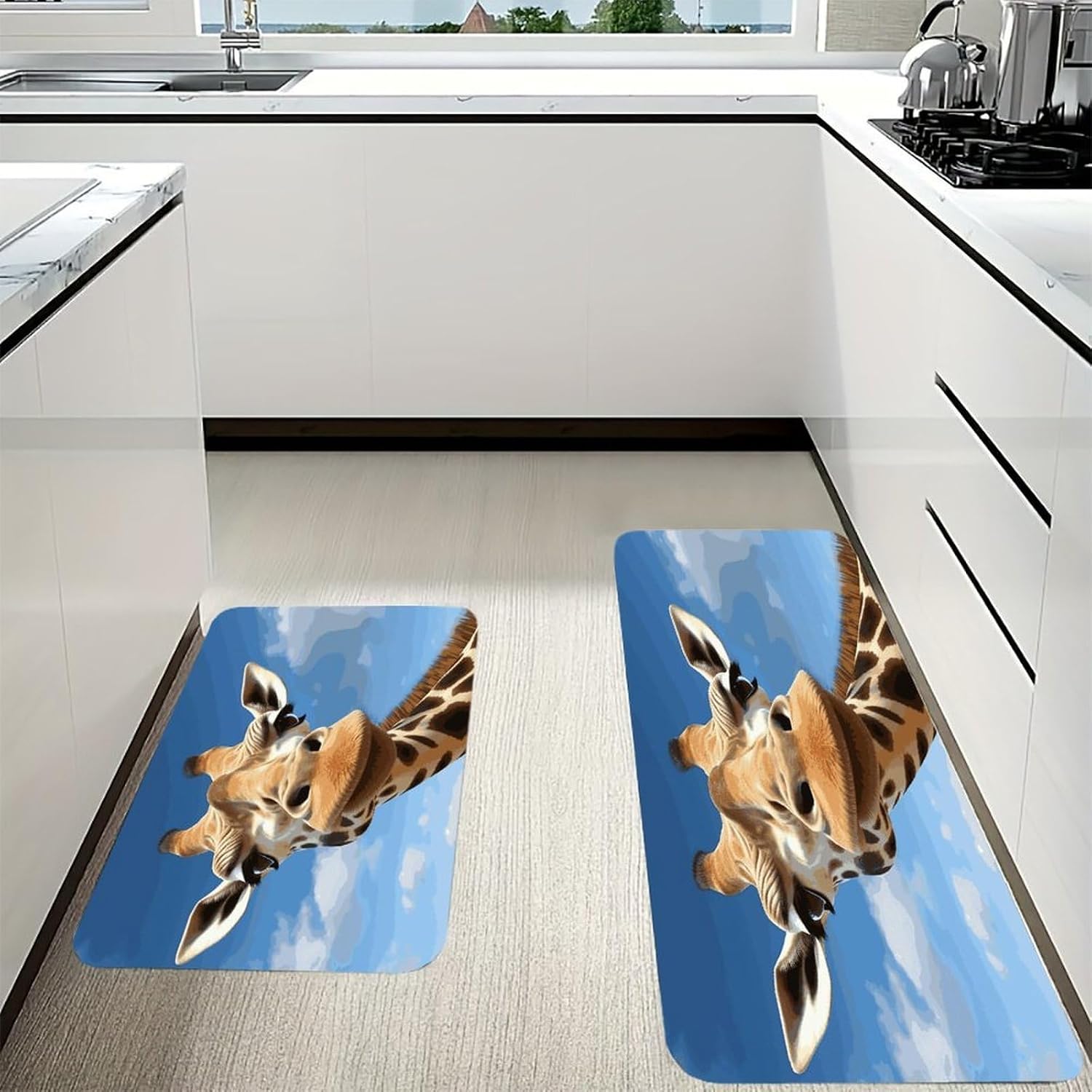 Funny Giraffe Kitchen Mats with 2PCS Non-Slip Washable,Kitchen Rug Heavy Duty Durable, Floor Mats for Kitchen,Office,Sink,Laundry