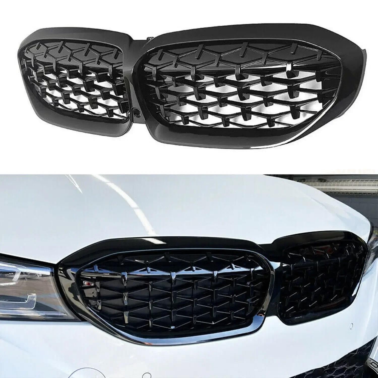 Grille Pare-Choc Avant Pour BMW G20 Série 3 G20 G21 G28 2019-2022 Pare-Chocs Avant Capot Grille De Rein Grilles De Course Remplacement Black Diamond Meteor Style Calandre Avant(2 Slat-Matte Black
