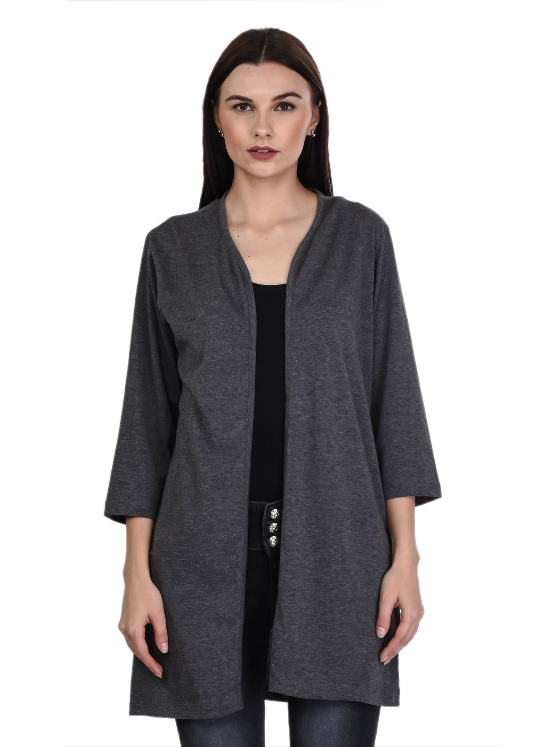 kalt Women's 3/4th Sleeves Open Plain Shrug(Dark Grey Mealnge)-picture-11