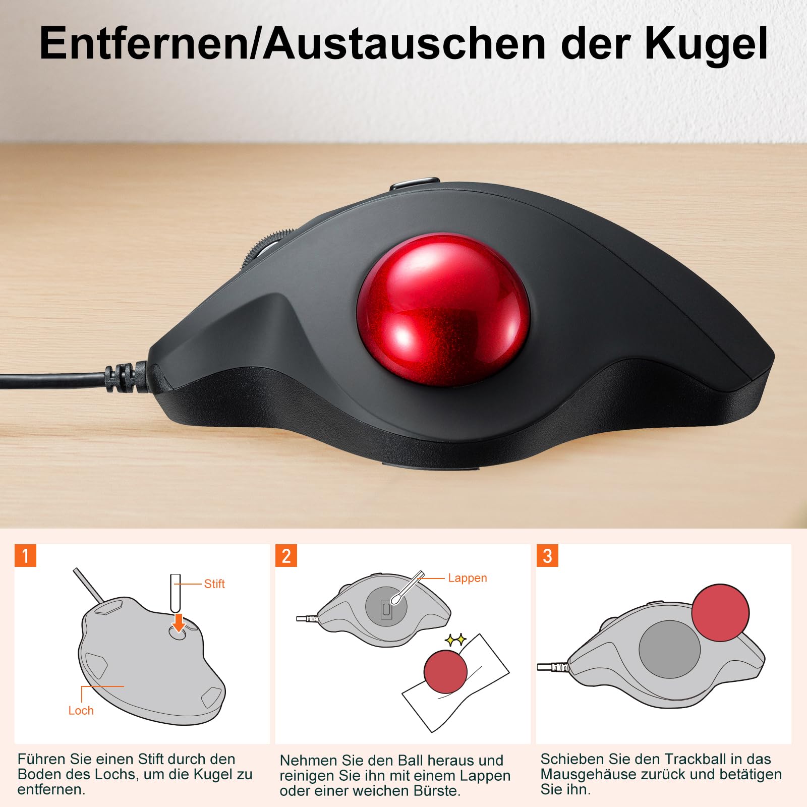 SANWA Trackball Maus mit Kabel, Leise Klik Mäuse, 600/800/1200/1600 DPI, USB-A & Type-C Anschluss, Vorbeugung Mausarm Tennisarm RSI, 34mm Ball Daumenkontrolle, Kompatibel mit Winows, Mac, PC, Schwarz