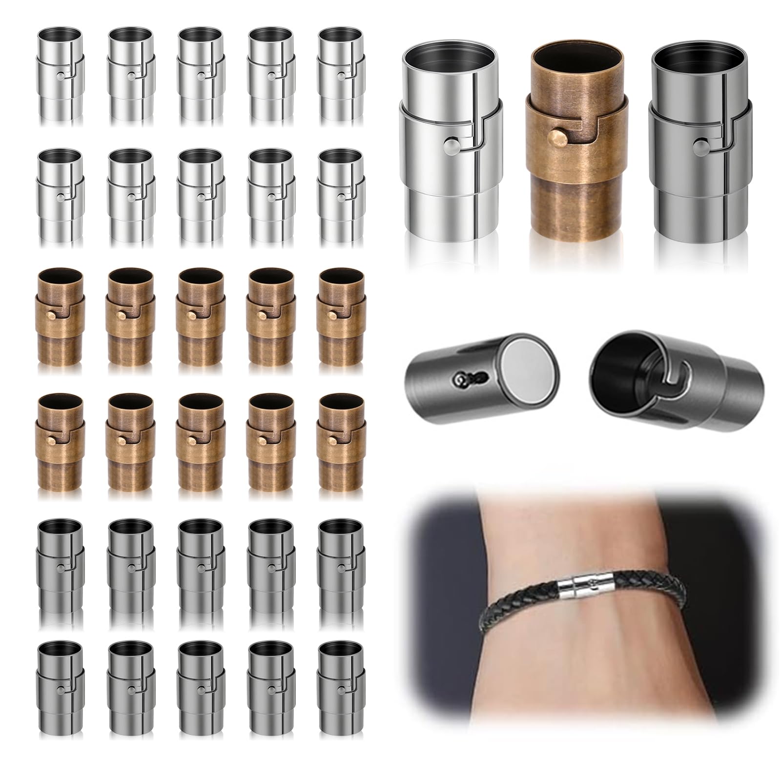 MOAMUN 30 stuks armbandgespen voor het maken van sieraden, magnetische kettinggespen met hoge stijfheid, duurzame armbandgesp van leer, benodigdheden voor het maken van sieraden, 3 kleuren (4mm