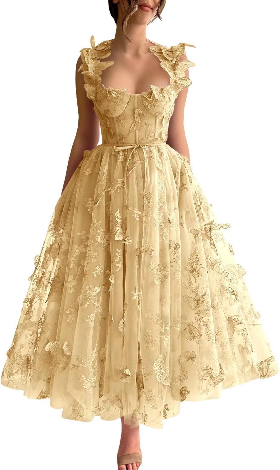 Fivsole Women's 3D Butterfly Lace Applique Prom Dress Tea Length Short Formal Tulle Evening Party Gowns