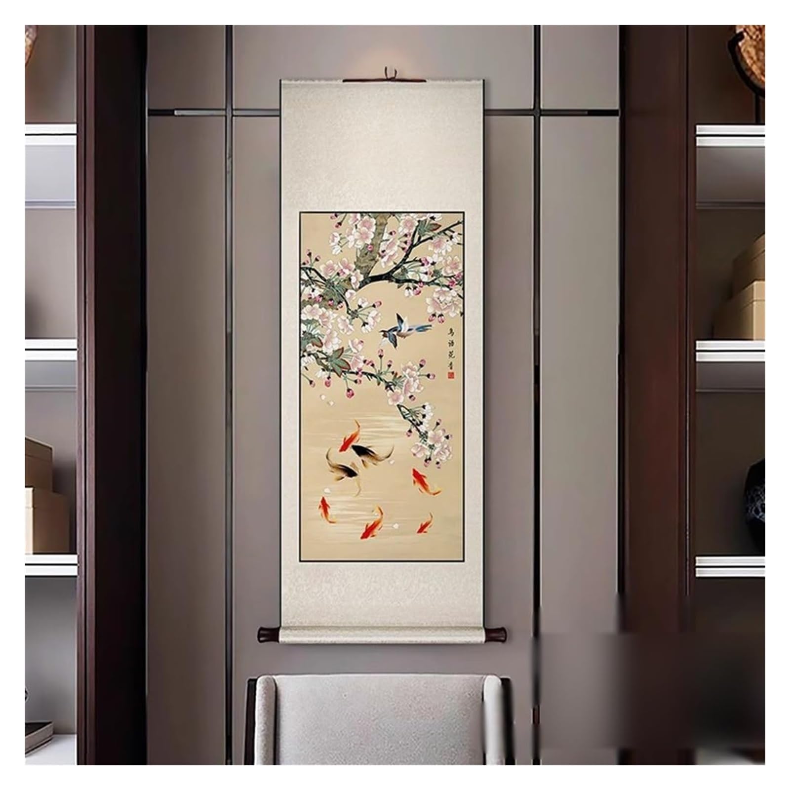 Malowidło z motywem kwiatowym przedstawiające ptaka z bambusa, chińska klasyczna sztuka ścienna, wystrój jadalni Feng Shui, kolekcja prezentów urodzinowych(Creamy White C,59L x 148W cm)