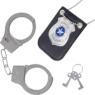 Police Costume Accessories Adult- Police Badge Fake Handcuffs with Keys Set, Detective Cop Spy FBI Agent Costume Accessories