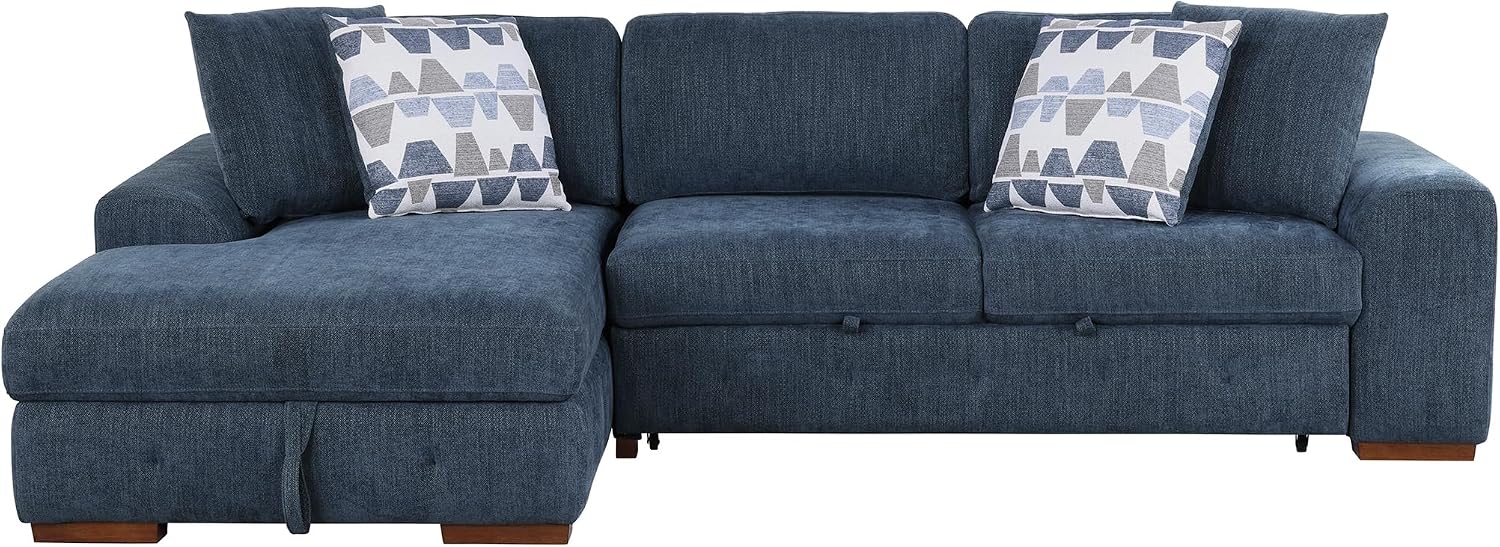 Lexicon Sectional Couches for Living Room, Chenille Fabric Sleeper Sofa, L Shape Sectional Couch with Left Storage Chaise and Pull Out Sofa Bed, 3 Seater with Ottoman, Blue