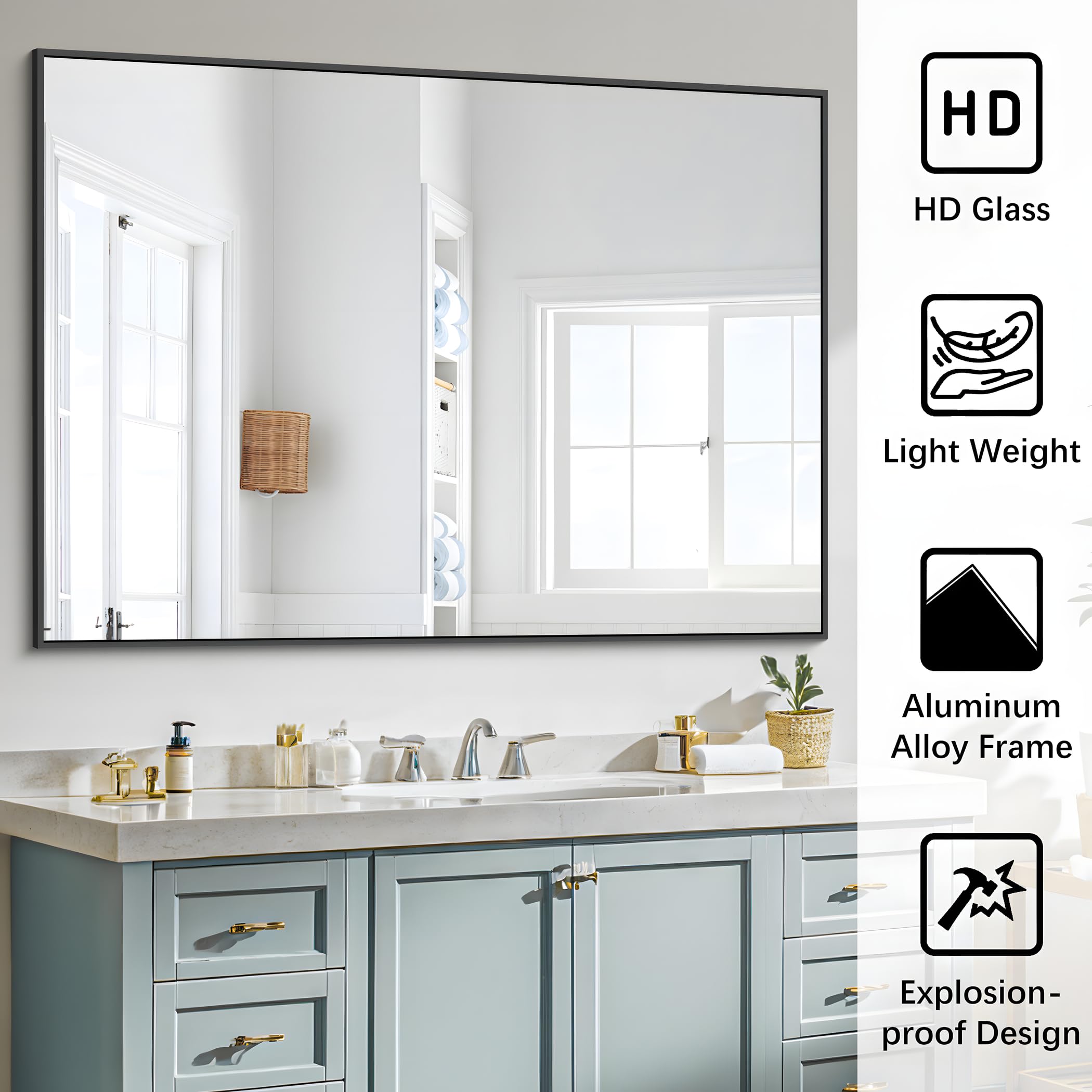 COFENY Espejo De Baño De 36 X 55 Pulgadas, Espejo Rectangular Dorado Con Marco De Metal Fino, Espejo De Pared Rectangular Grande Para Baño, Sala De Estar, Peluquería, Espejo Grande De