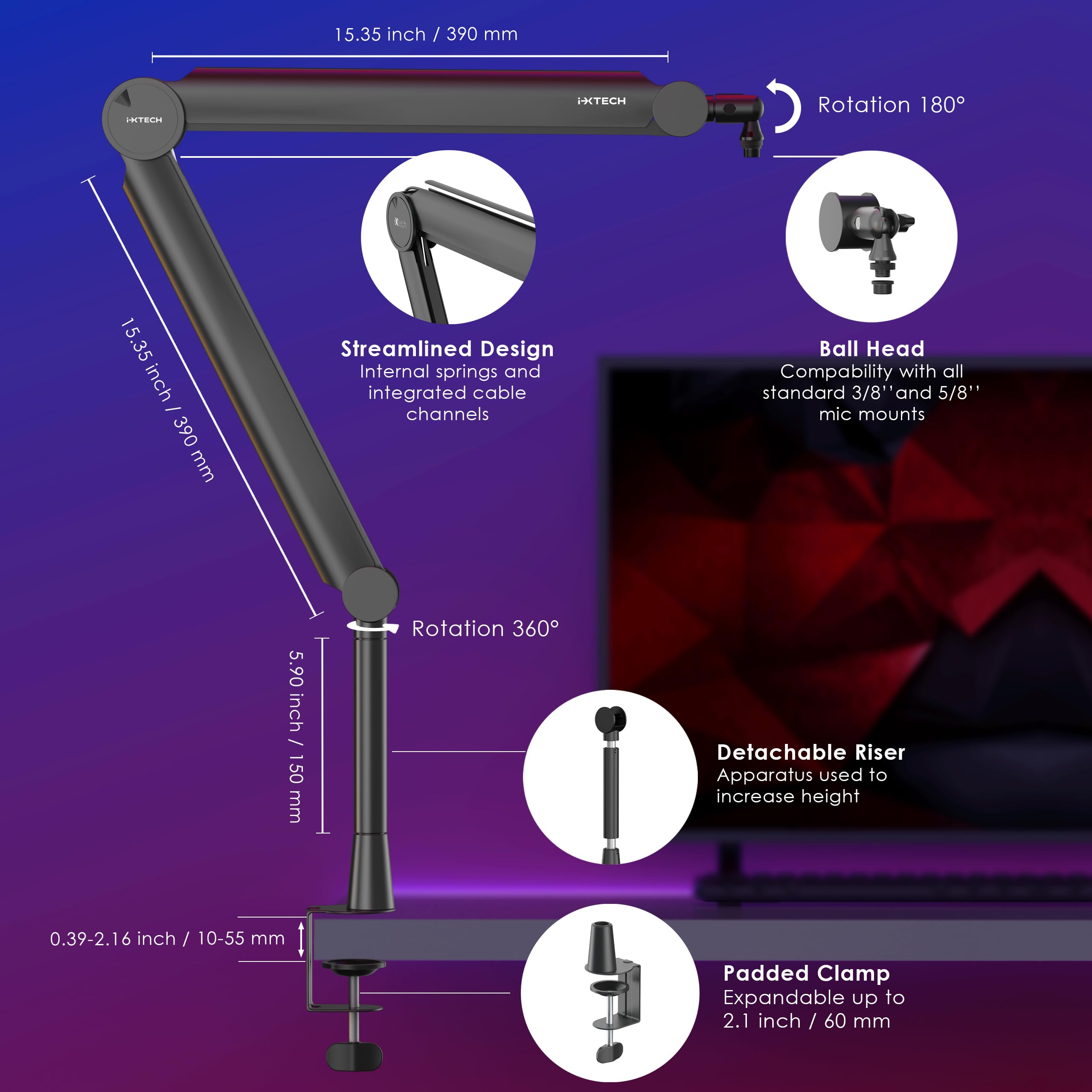IXTECH Braccio Microfono Asta Microfono Scrivania Regolabile Supporto Microfono da Tavolo per Blue Yeti Rode Shure Sm7b Hyperx Quadcast Supporto Pieghevole Girevole per Gaming Streaming Podcasting