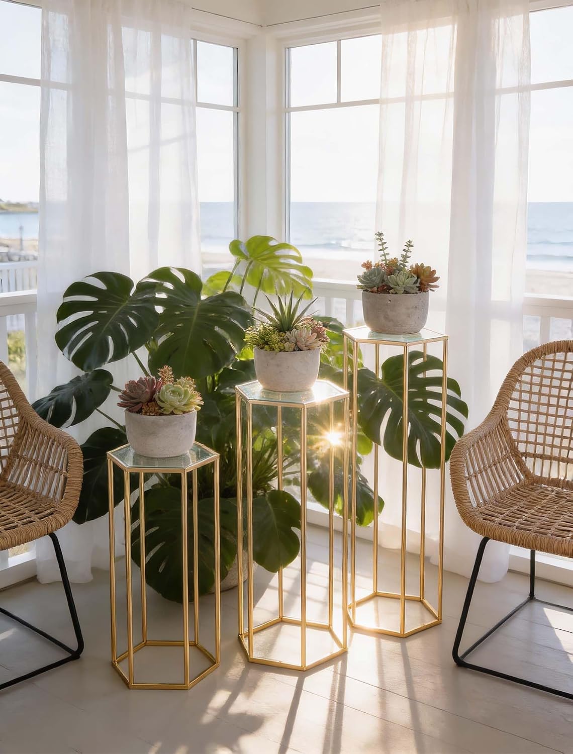 Cylinder Pedestal Stand for Party: 23.6/29.5/35.4in Hexagon Gold | Tall Stable Easy-assembly Stands, With Acrylic Panel, Space-saving for Indoor Outdoor Wedding Birthday Party