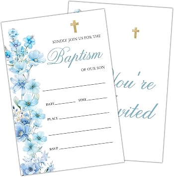 Blue Floral Baptism Invitations, Religious Celebration Invitations With Envelopes, First Communion Christening Religious Party Decorations, Baby Shower Invites Cards, 25 Pack -A02