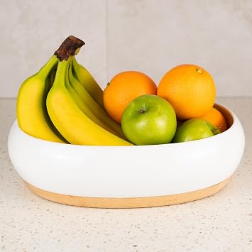 DAILY RITMO White Oval Fruit Bowl | Decorative Candy Dish Bowls for Kitchen Counter | Resin Ceramic-Like Entryway Table Key Holder with Modern Bamboo Wooden Weighted Base