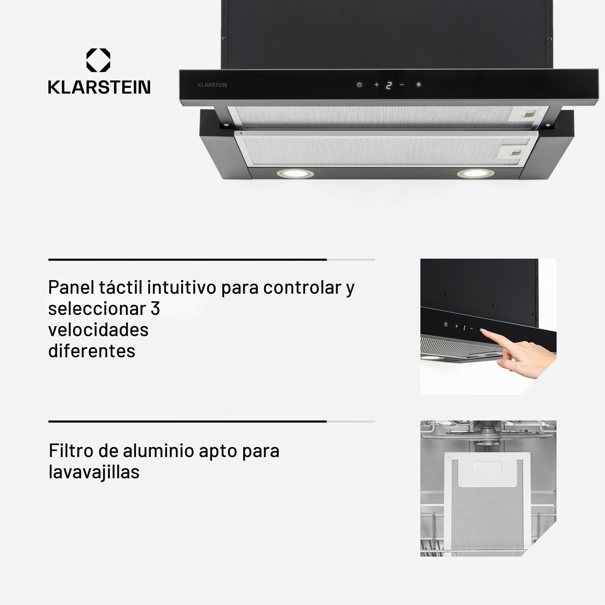 Klarstein Vinea Campana Extractora Telescópica, 610 m³/h Máx, Campana Visera Plana 60cm, Empotrable bajo Mueble, Extracción/Recirculación, Iluminación, Filtro de Grasa Aluminio, Negra
