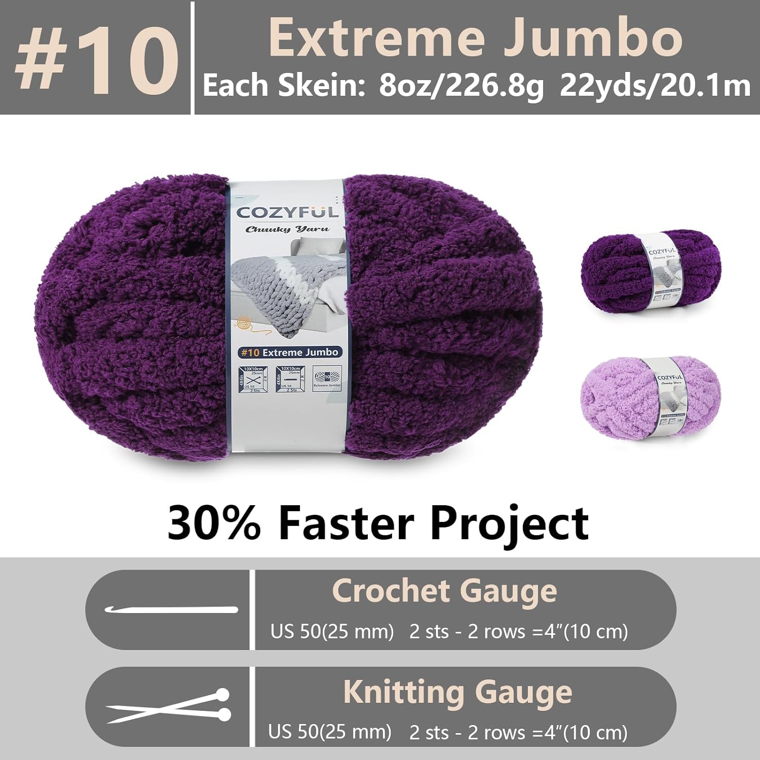 cozyful chunky yarn for hand knitting - #10 chunky chenille yarn, jumbo big thick chunky yarns for crocheting, super bulky chunky knit blanket yarns, 8 skein (22yd, 8oz/skein), multi purple 8 pack purple & dark purple