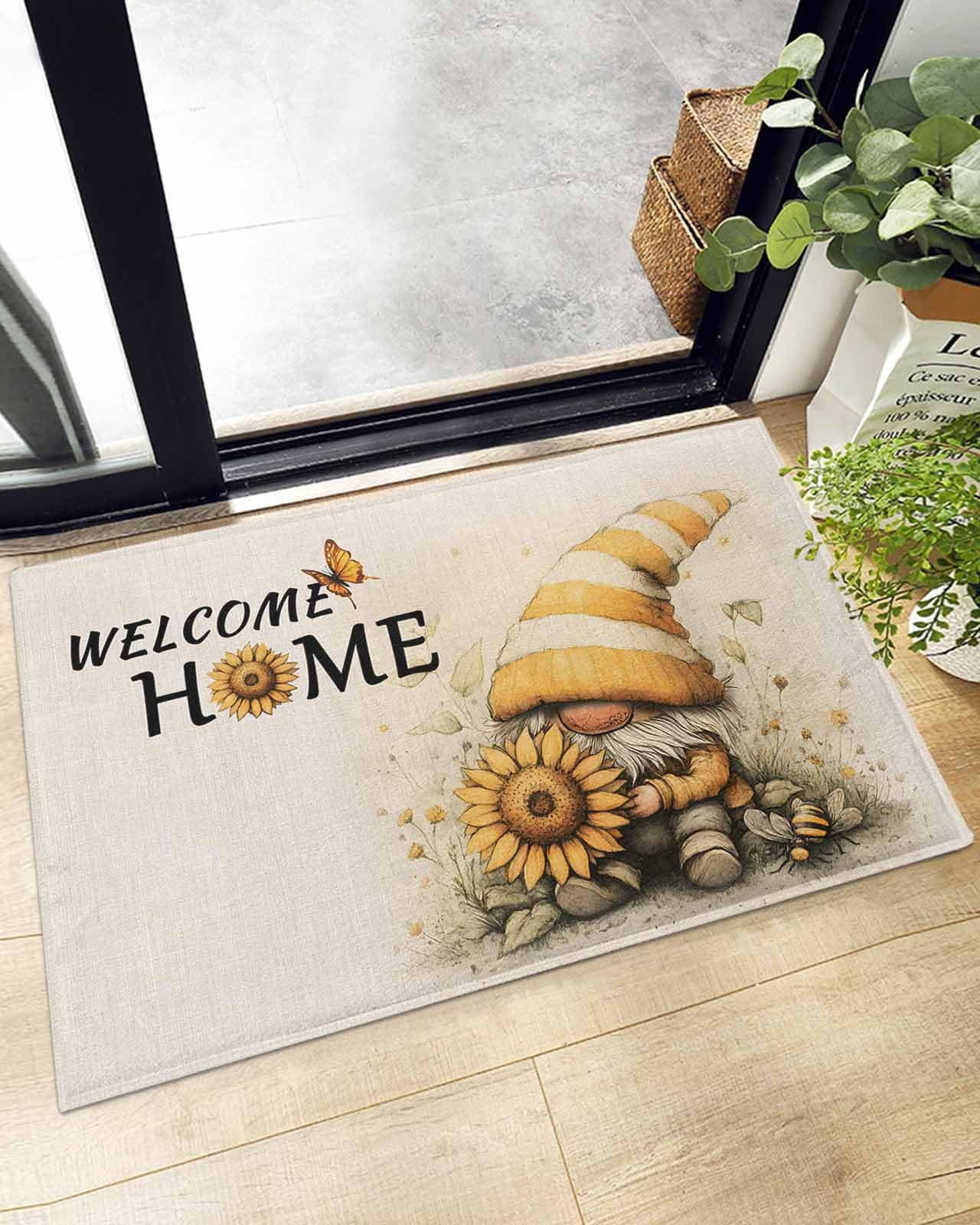 Indoor Doormat Yellow Gnome Sunflowers Bee Butterfly,Shaggy Floor Mat with Non-Skid Backing Vintage Pastoral Theme,Machine Washable Plush Area Rug Carpets for Kitchen Nursery Bedroom