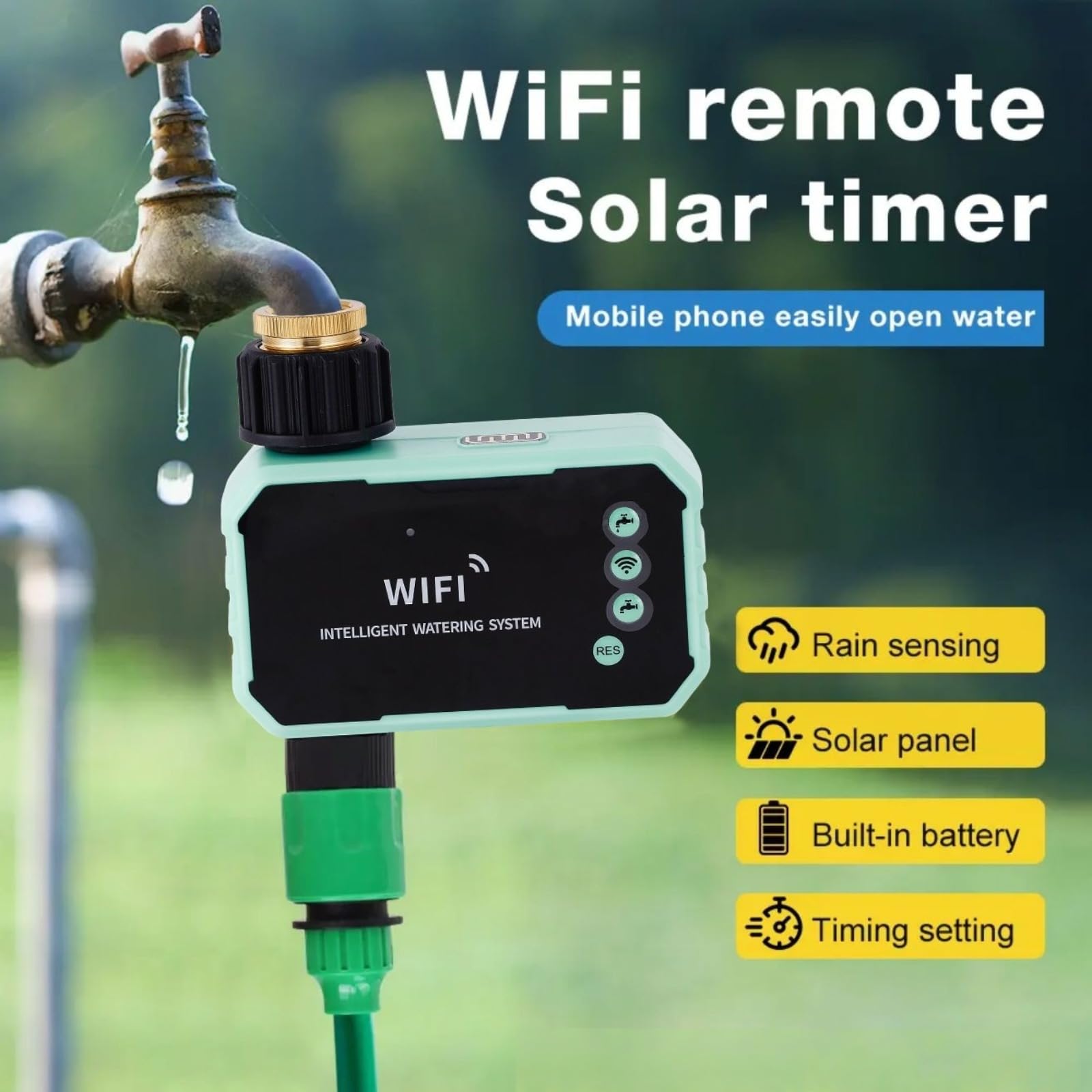 Regolatore di irrigazione WiFi automatico da giardino con sensore di pioggia IPX5 Controllo del rubinetto alimentato per prato