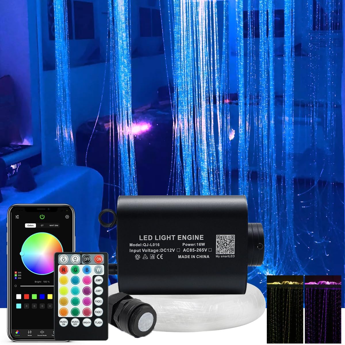 AKEPO Huaxi 16W RGBW Fiber Optic Sensory Lights kit for Sensory den Waterfall Curtain Light with Flash Point Fiber Optical Cables 300 Strands 0.03in/0.75mm 9.8ft/3m