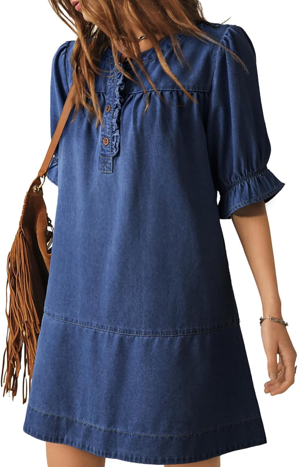 Dokotoo Women's Denim Dress 2026 Babydoll Dress Casual Ruffle Short Sleeve Button Jean Dresses