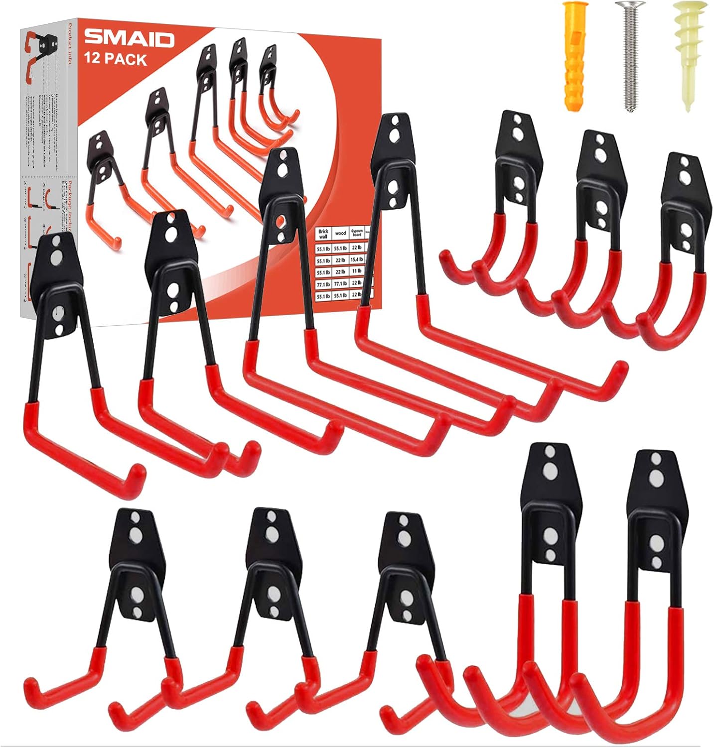Garage Hooks, 12 Pack Heavy Duty Garage Storage Hooks Steel Tool Hangers for Garage Wall Mount Utility Hooks and Hangers with Anti-Slip Coating for Garden Tools Organizer, Ladders, Bikes, Bulky Items - - 