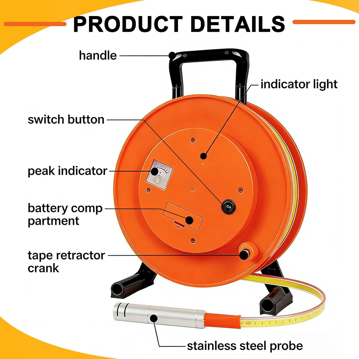 Water Level Meter, Stainless Steel Probe Groundwater Level Measuring Instrument with Fixed Probe and Steel Tape for Wells Boreholes Reservoirs and Pipes 10m