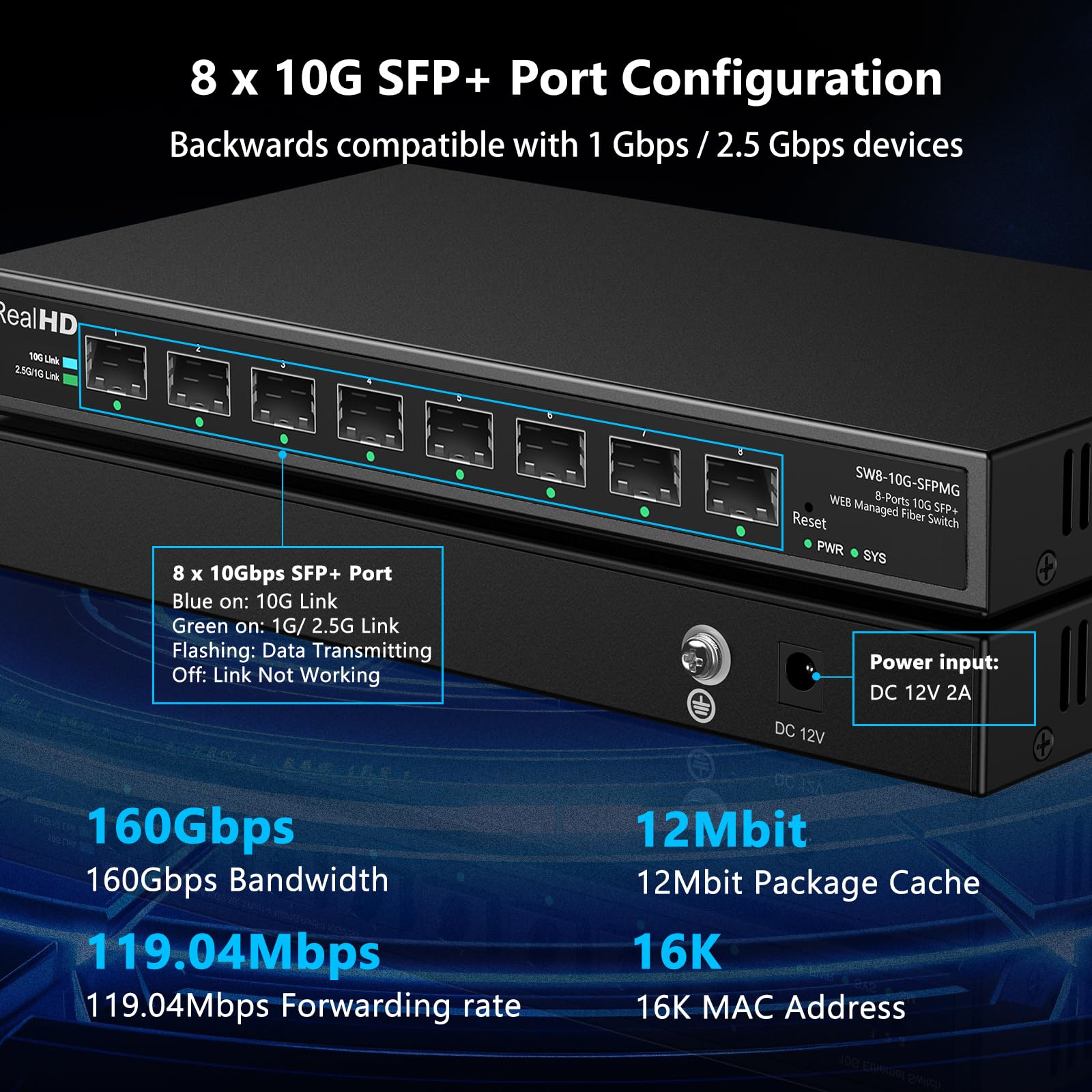 8 Port 10Gb SFP+ Web Managed Fiber Switch with 8 x 10G SFP+ Ports | Multi-Gig 10G-2.5G-1G | Fanless | 160G Bandwidth | Metal Casing NO Rack Mount | Support Jumbo Frames/ VLAN/ Link Aggregation/ QoS