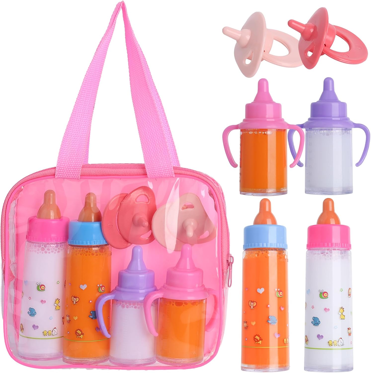 Baby Doll Bottles Accessories Set for Toddlers, 2 Milk Bottles 2 Juice Bottles and 2 Toy Pacifier, Doll Playset Accessories Handbag for Toddlers ﻿
