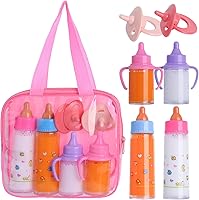 Vista 1 de Juego de accesorios de biberones para muñecas de bebé, 2 botellas de leche y 2 botellas de jugo y 2 chupetes de juguete (rosa)
