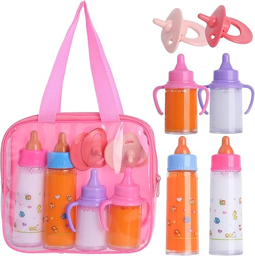 Juego de accesorios de biberones para muñecas de bebé, 2 botellas de leche y 2 botellas de jugo y 2 chupetes de juguete (rosa)