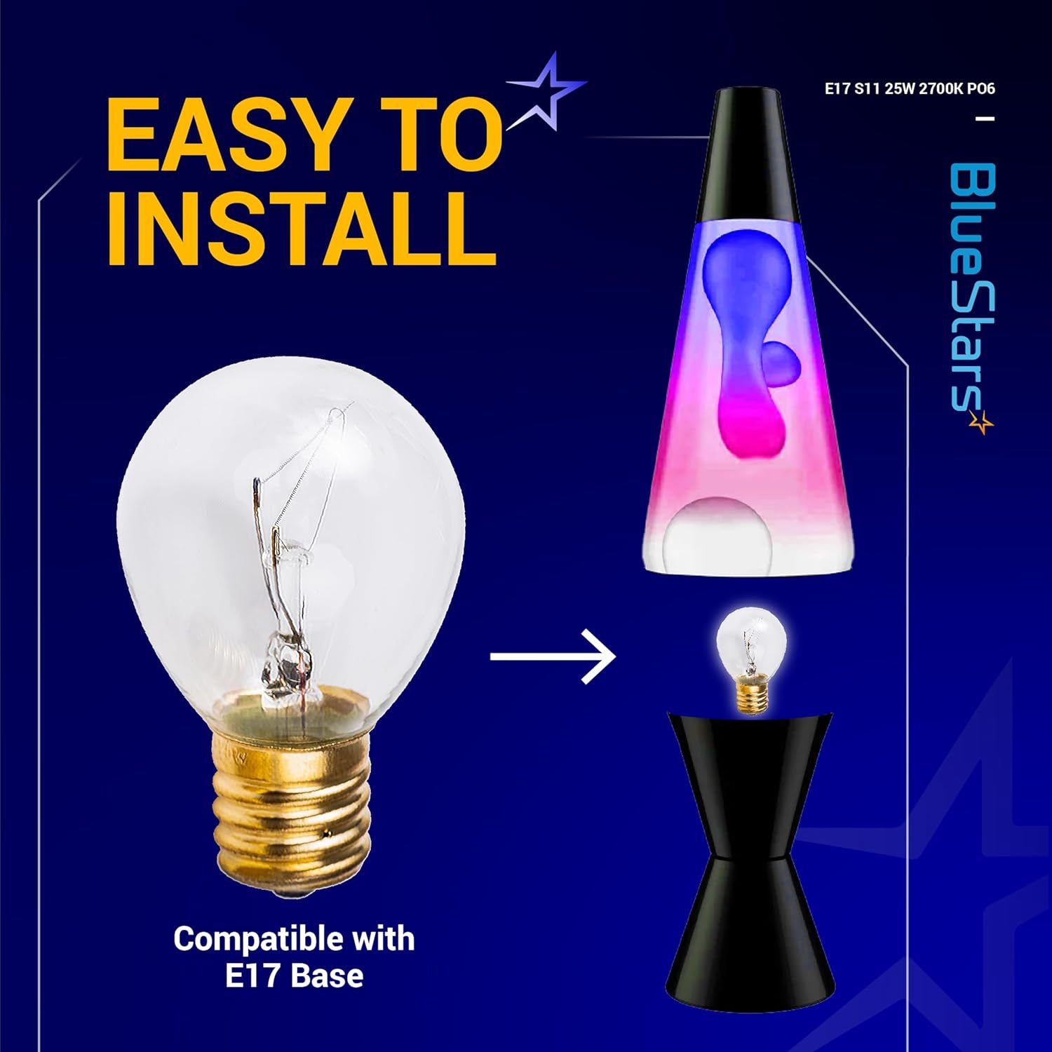 BlueStars 6-Pack Lava Lamp Bulbs 25 Watt, S11 E17 Intermediate Base Replacement - Compatible with 14.5-Inch/20-Ounce Lava Lamps, Glitter Lamps Dimmable - Warm White - Long Life