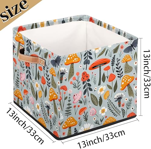 Miniatura 4 de Cesta de almacenamiento de 13 x 13 pulgadas, contenedor de almacenamiento de hongos, hojas, plantas, flores, tela de poliéster, caja de