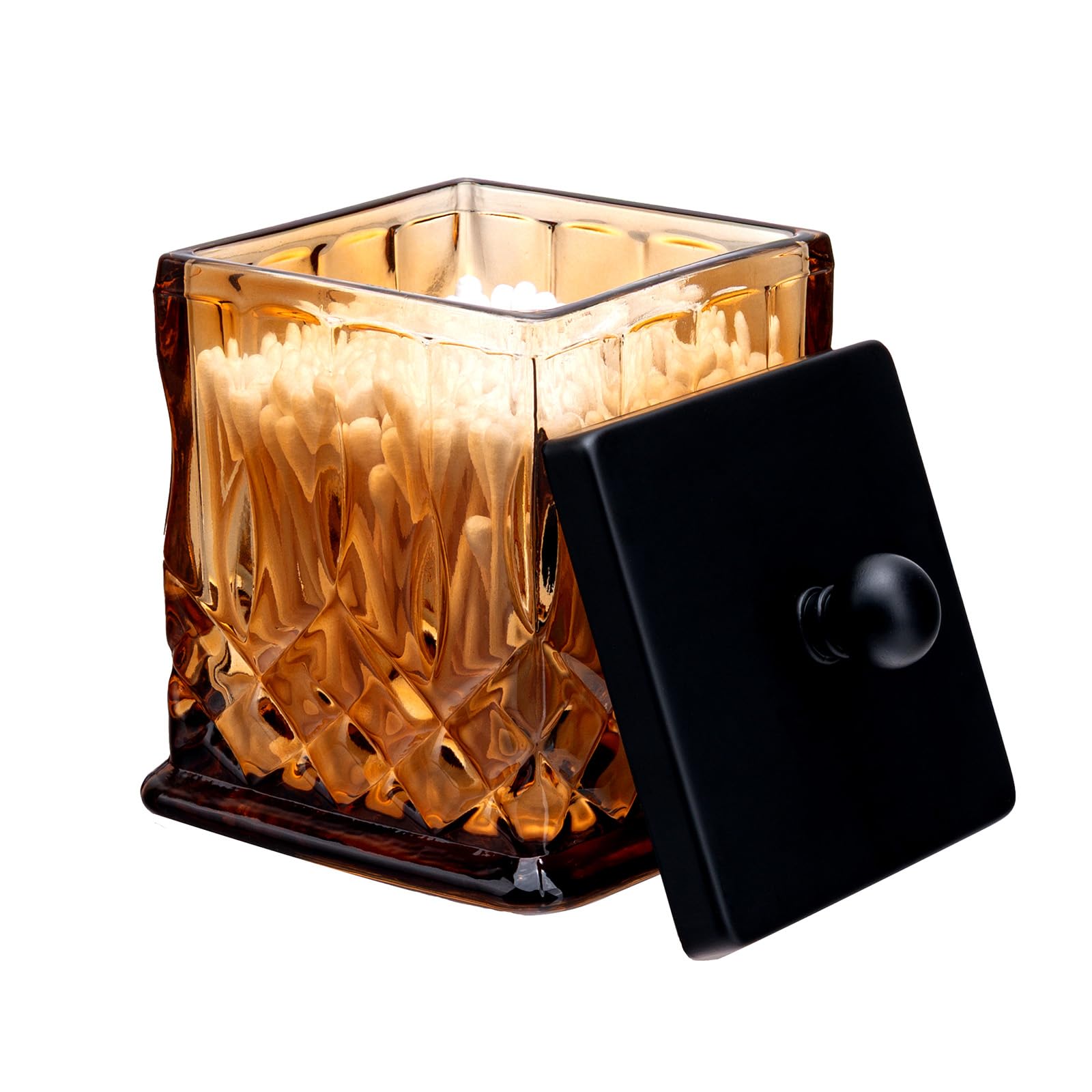 Qtip Holder 15Oz Amber Glass Apothecary Jars with Matte Black Lids for Bathroom Organization Desk Storage Thick Glass